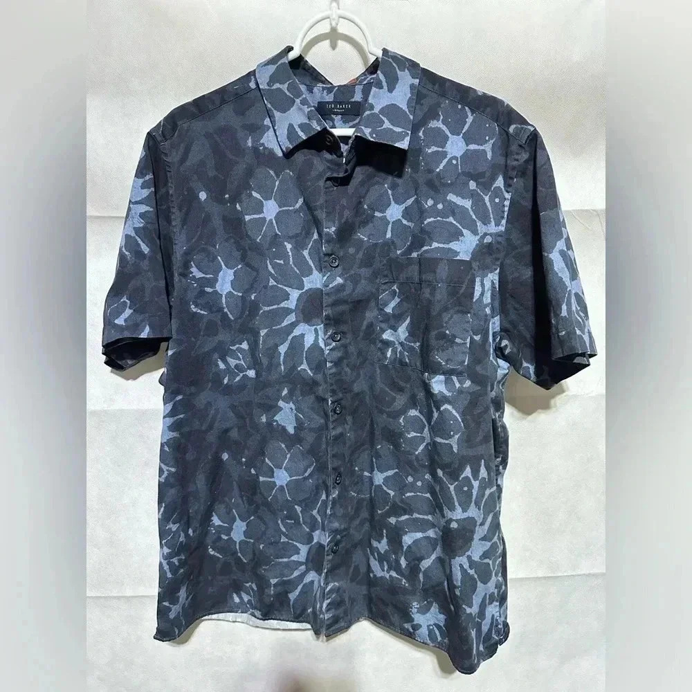 Ted Baker Slim Fit UFroze Floral Short Sleeve Shirt Navy Blue Cotton Sz 5 US XL